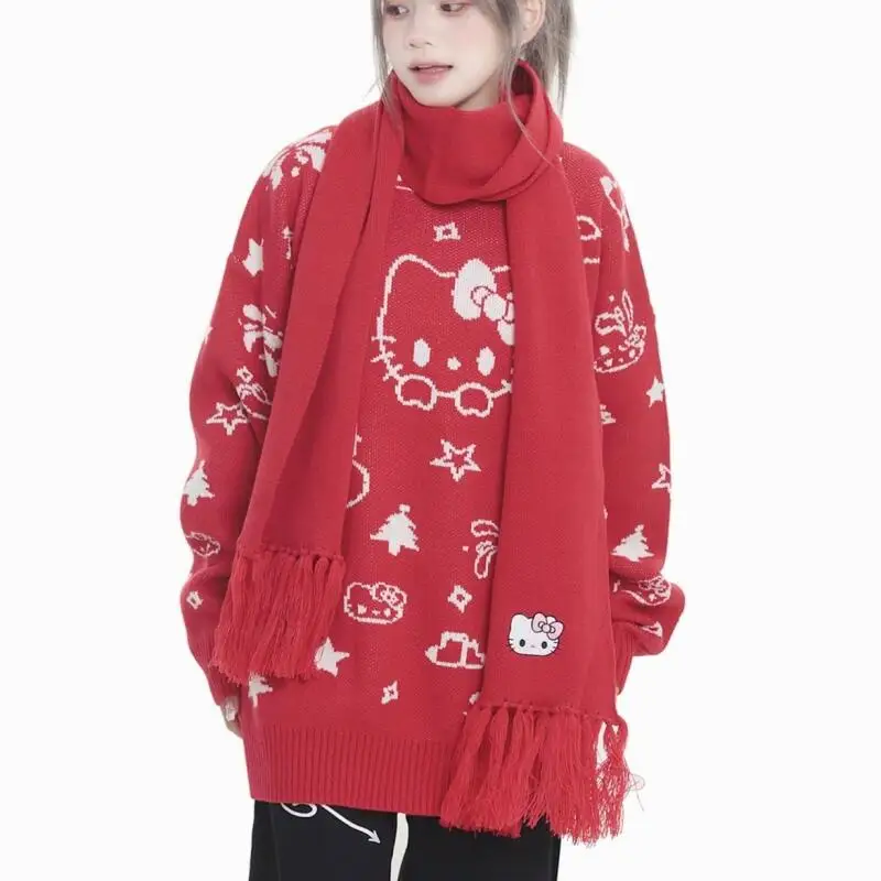 فتاة مرحبا كيتي سترة Kawaii أنيمي أزياء طالب عارضة جولة الرقبة الخريف والشتاء محبوك قميص البلوز قمم نمط جديد