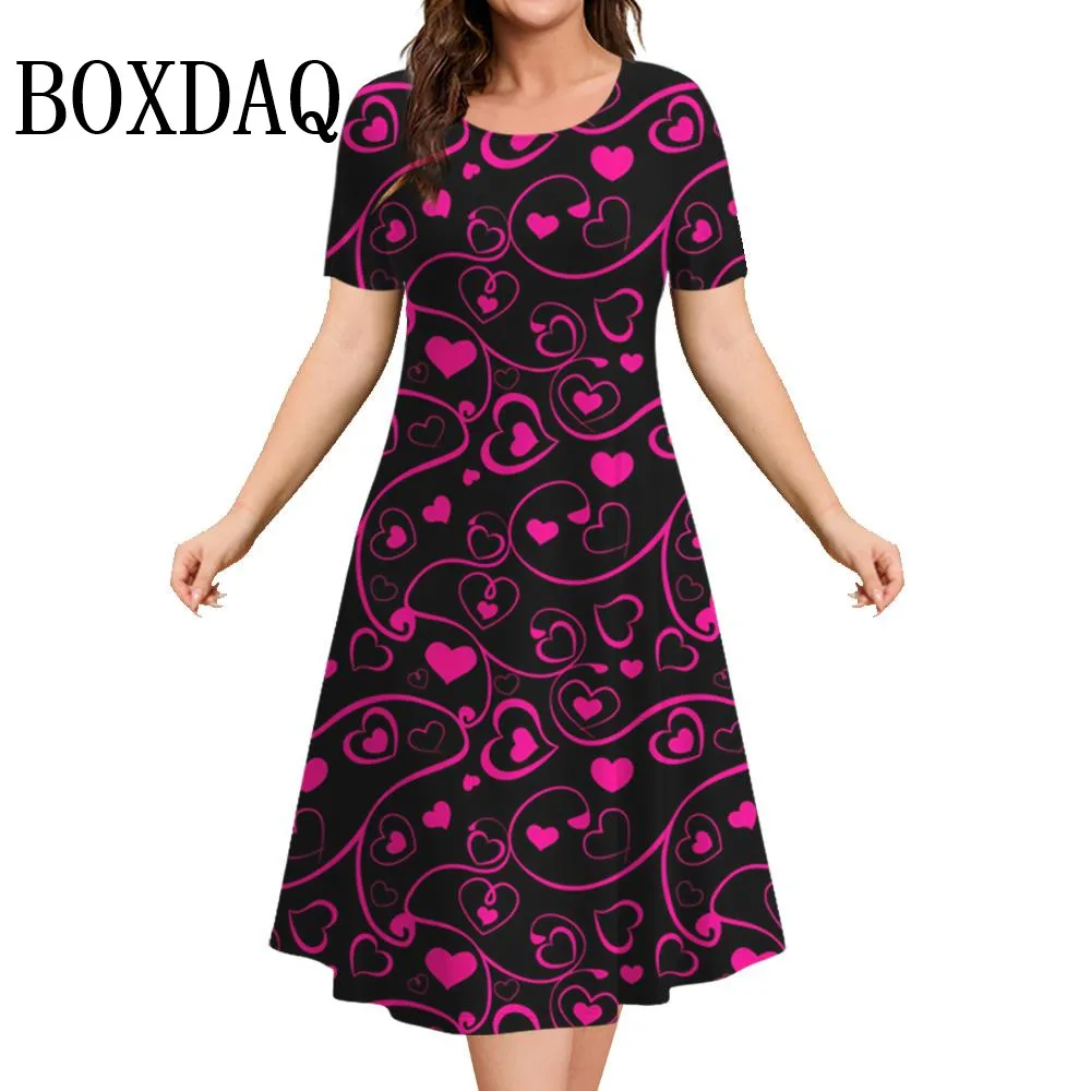 Fashion Summer Dresses Woman Elegant Dress Casual O-Neck Loose Clothing Women's Short Sleeves A-Line Dress Sweet Heart Printed