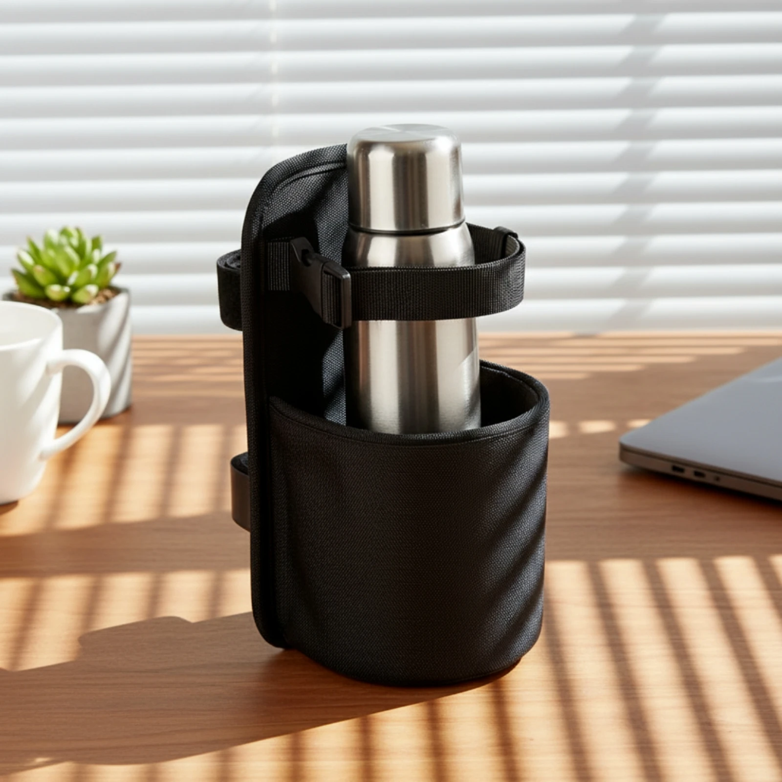 Water Bottle Holder with Pocket Heavy-Duty Strap-on Cup Holder Quick-Drain for Cyclists, Strollers, Wheelchairs