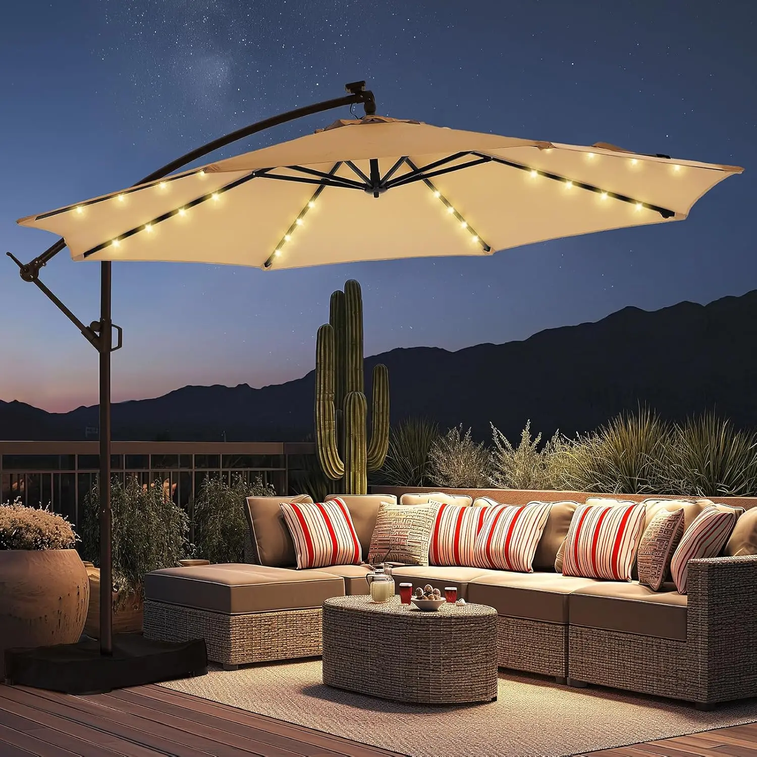 10ft Solar Lights Offset Cantilever Patio Umbrella - w/Light and Base, LED Lighted Offset Hanging Patio Outdoor Market Umbrella