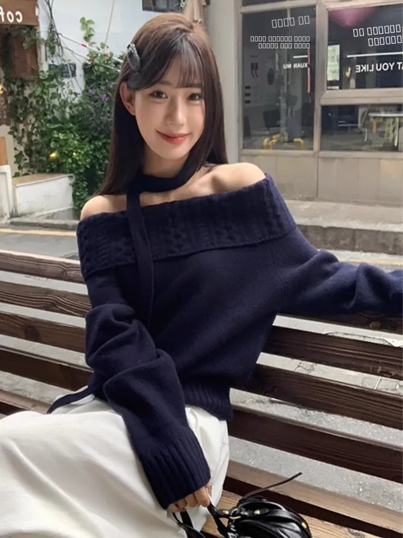 เสื้อไหมพรมเกาหลีแบบไหล่เดียวสำหรับผู้หญิง สไตล์หลวมๆ ใส่สบายๆ สำหรับฤดูใบไม้ร่วงและฤดูหนาว แฟชั่นที่ไม่เหมือนใคร สวยงาม