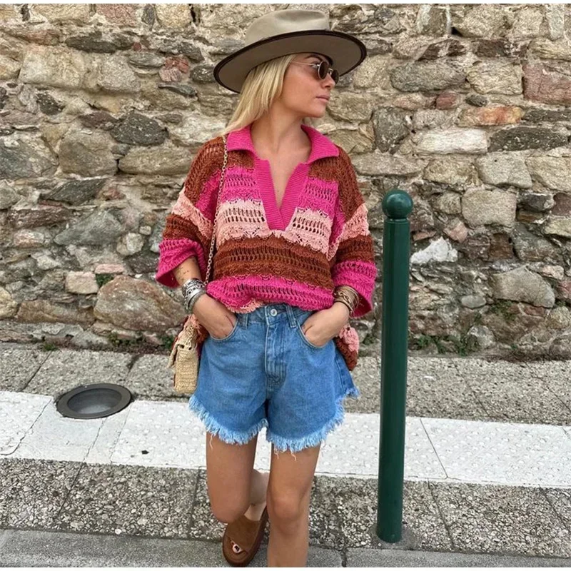 Lady Knit Hollow Out Colour Sweater Stripe Short Sleeve Lapel Female Pullover 2024 Summer Fashion Loose Streetwear Lady Jumper