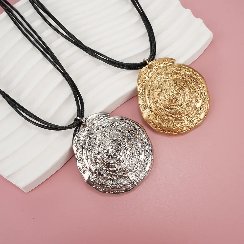 

Black Rope Necklace Irregular Large Round Brand Pendant Stainless Steel Charm Travel Daily Party Accessories Free Shipping