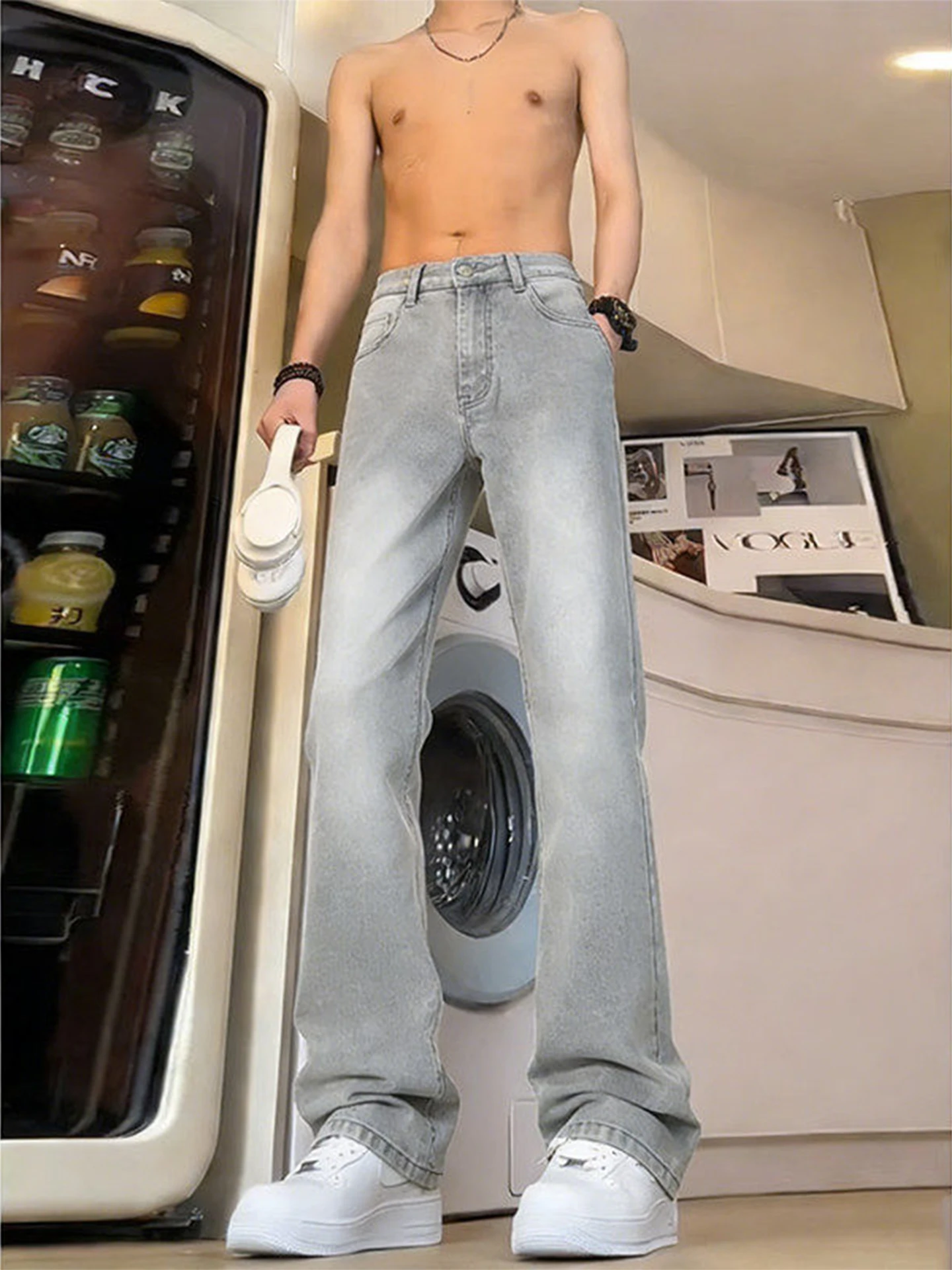 

Slimming Straight Leg Men's Jeans ey e Le Blade High Street Sle Taller Appearances Micro Flared Pants Casual Denim