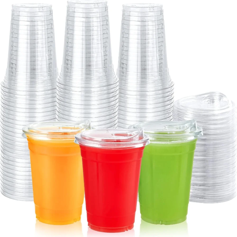 50Set Plastic Drinking Cups with Strawless Sip Lids, Disposable Cups for Cold Drinks, BPA Free - for Christmas, Halloween, Party