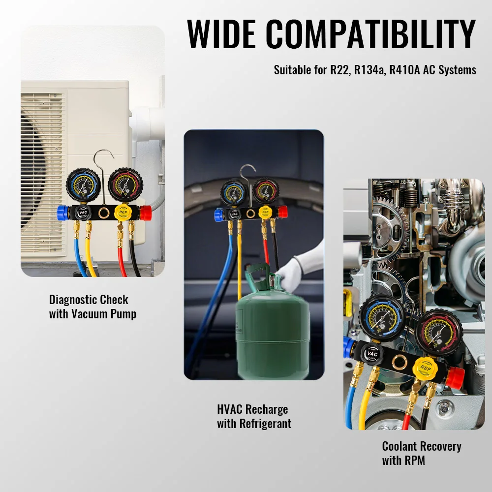Upgraded 4-Way Air Conditioner Manifold Gauge Kit for R134A R410A R404A R22 Refrigerant with 5 ft Hose and 3 Acme Tanks for Fit