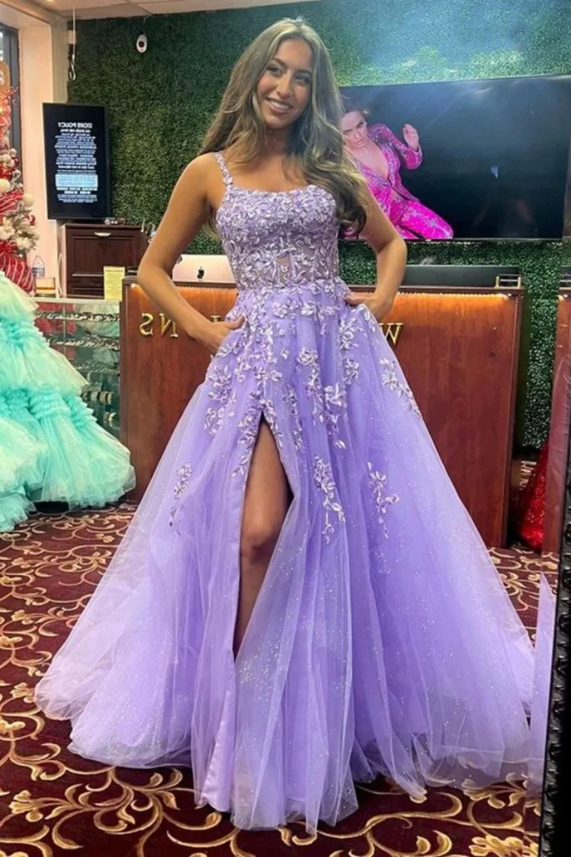 Spaghetti Straps A-line Prom Dresses Lilac Tulle High Split Long Evening Dress With Pockets Appliques Sequins Princess Dress