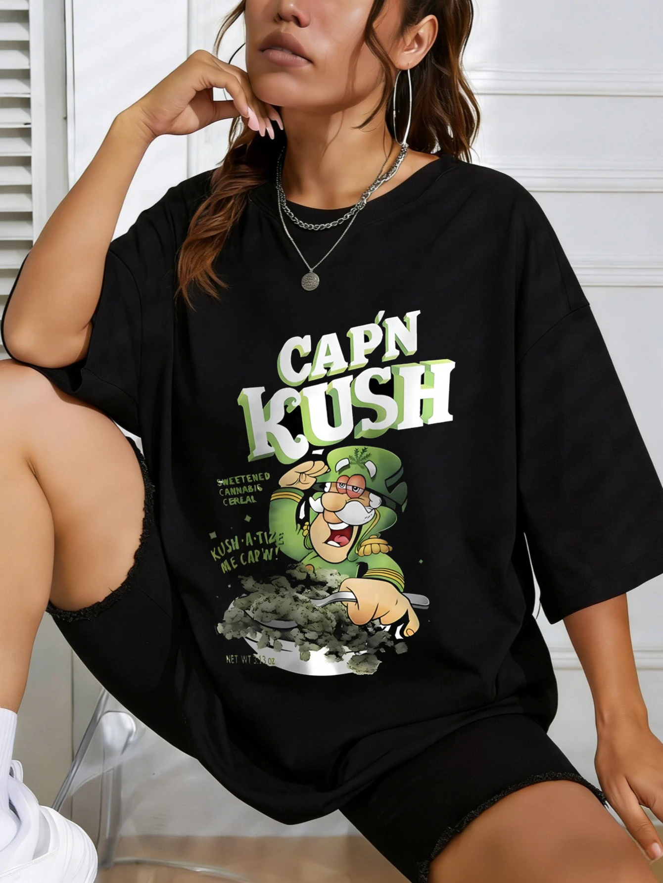 

Women's Oversized Cotton Cap'n Kush Funny Graphic Printed Streetwear Casual Summer T Shirt