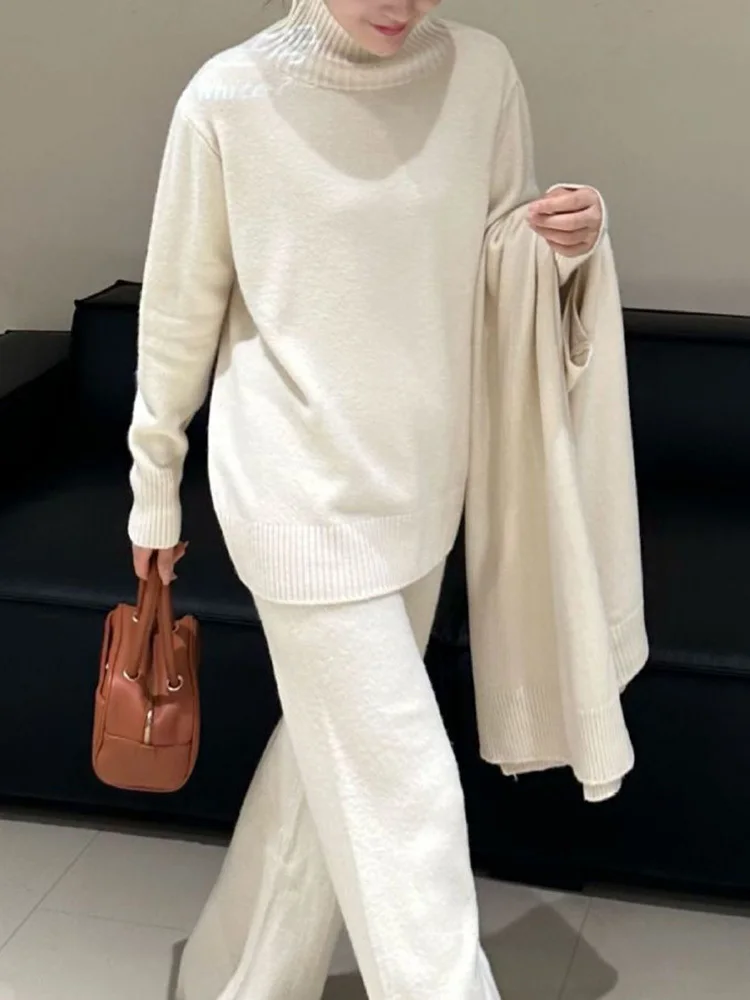 LANMREM 3 Pieces Knitted Sets For Women Turtleneck Pullover Sweater Shawl And Wide Leg Pants 2024 Winter Fashion Clothes 2DA2593