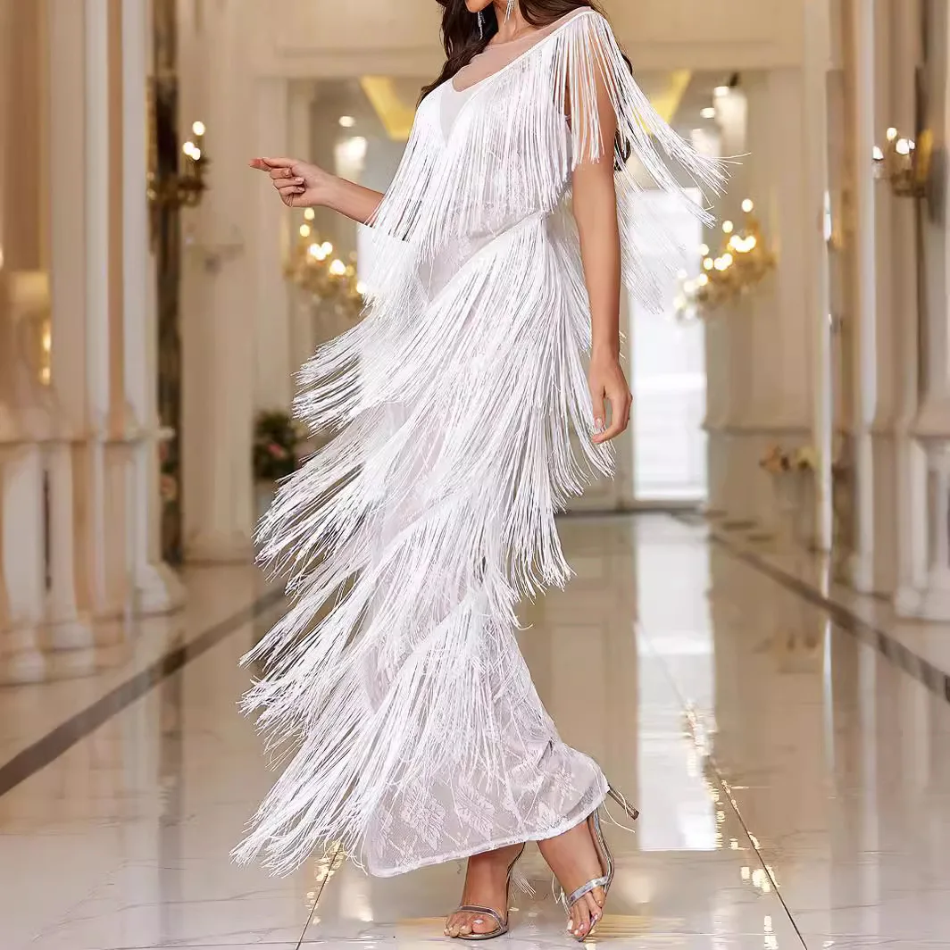 

Ladies' Elegant and Sexy Tassel Round Neck Long Dress, Wedding Party, Cocktail Party, Ball Dress, Skirt Dress Robe Vestido Women