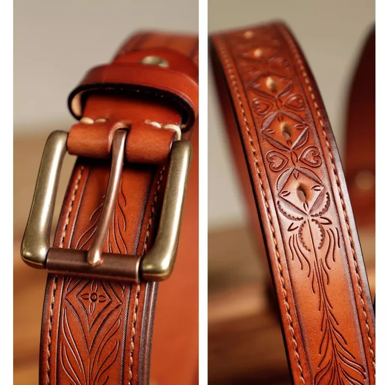 Herren-Jeansgürtel aus echtem Leder, lässig für jeden Tag, handgefertigt, 1,37 Zoll, geschnitzter amerikanischer Mode-Retro-Ledergürtel mit Geschenkbox – Detail 9