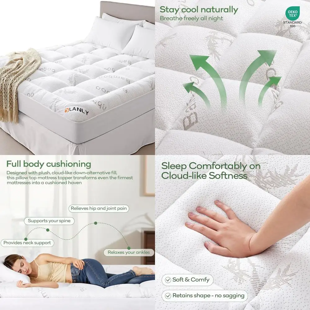 

Bamboo Viscose Cooling Mattress Topper - Plush Pillow Top for Back Support, Full Size, White