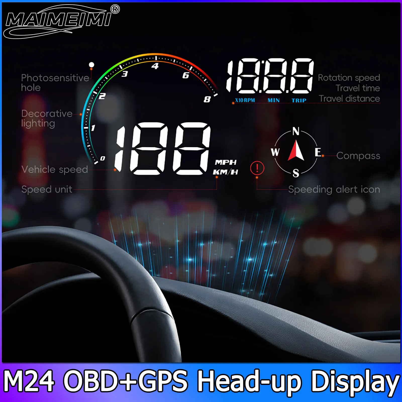 

﻿M24 HUD OBD+GPS Dual System Vehicle Speed Tachometer Water Temperature Fuel Consumption Voltage Time Single Driving Time