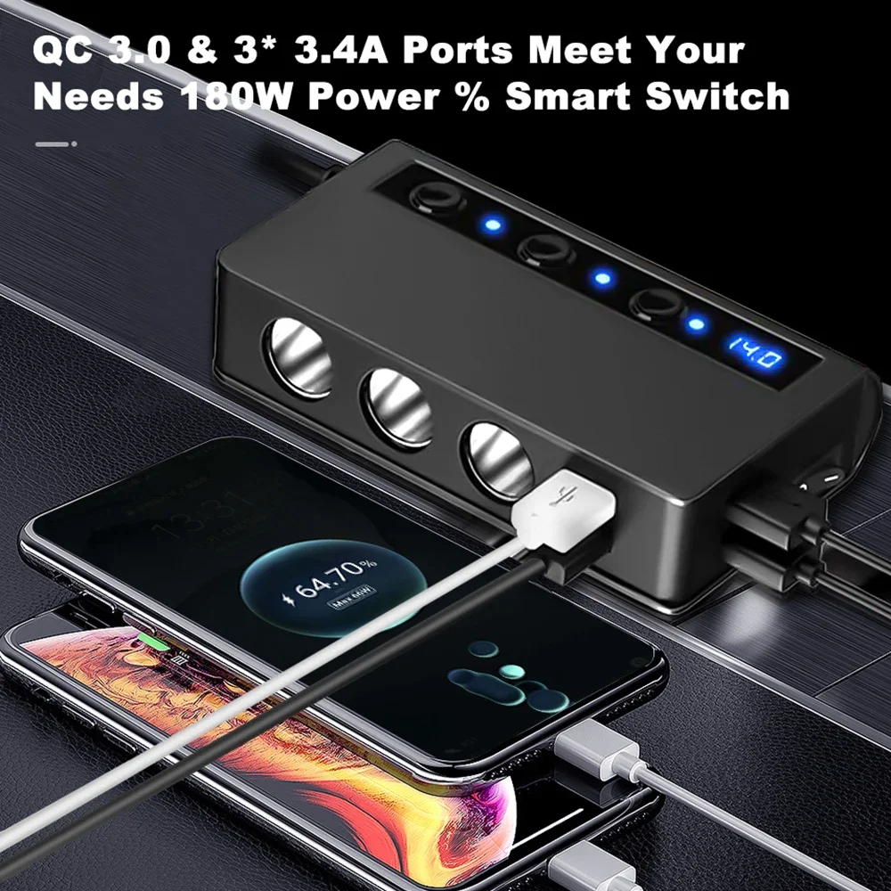 180W Cigarette Lighter Splitter Quick Charger Car 12V/24V 4 Port USB Charging Socket For Phone Charger Car Accessaries