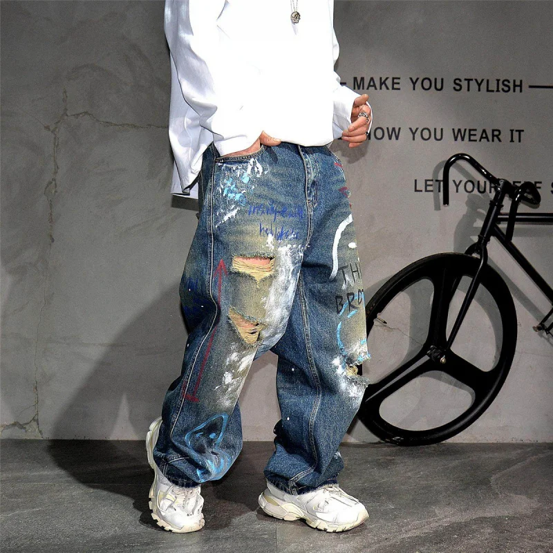 

Niche Vibe Wasteland Dirty Washed Distressed Graffiti Wide Leg Jeans Men, Trendy Ripped Loose Straight Long Pants