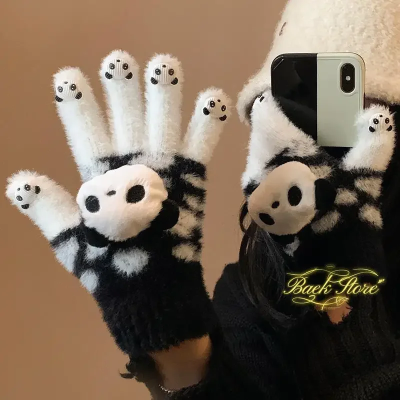 Cute Little Panda Plush Knitted Five Finger Gloves for Women Winter Touchable Screen Cold Proof Cycling Electric Scooter Warmth