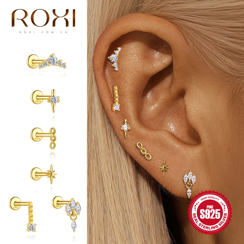 ROXI 925 Sterling Silver Tiny Star/Cross/Chain Tassel Stud Earrings Piercing for Women Minimalist 16G Gold Stud Internal Thread
