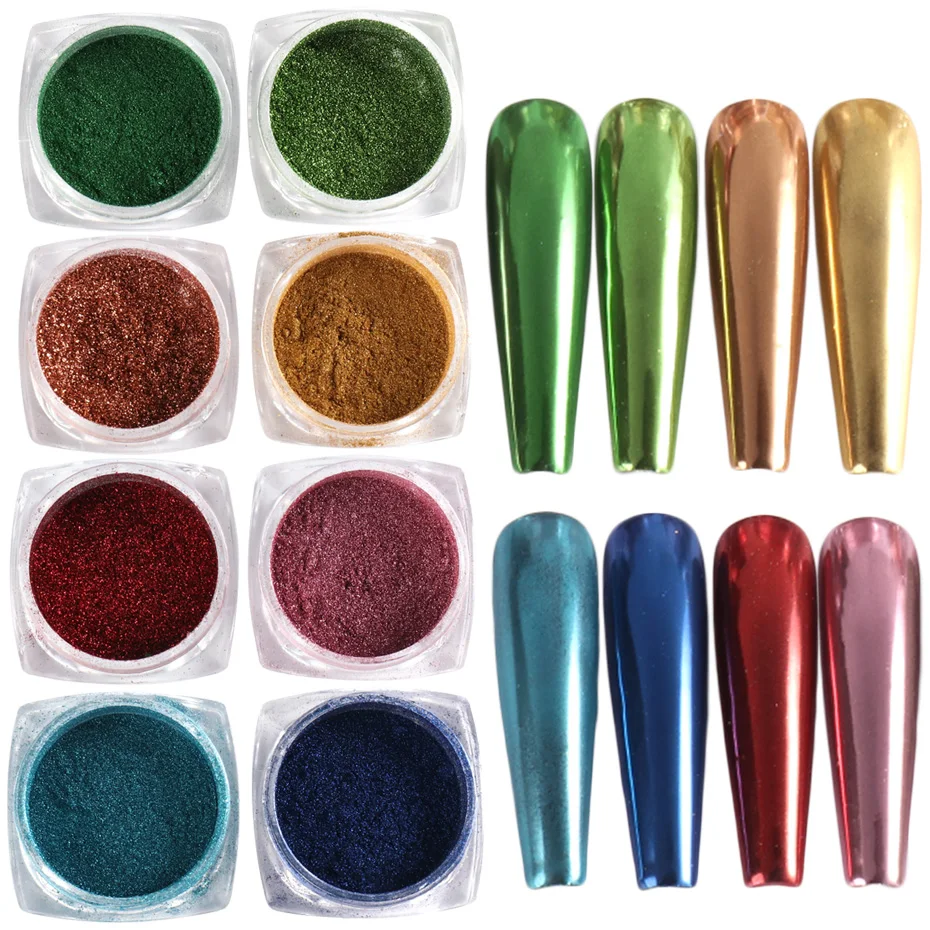 

8pcs Metal Nail Mirror Glitter Powder Set Colored Shiny Mirror Chrome Flakes Pigment Dust Gel Polish DIY Accessories Decor BES06