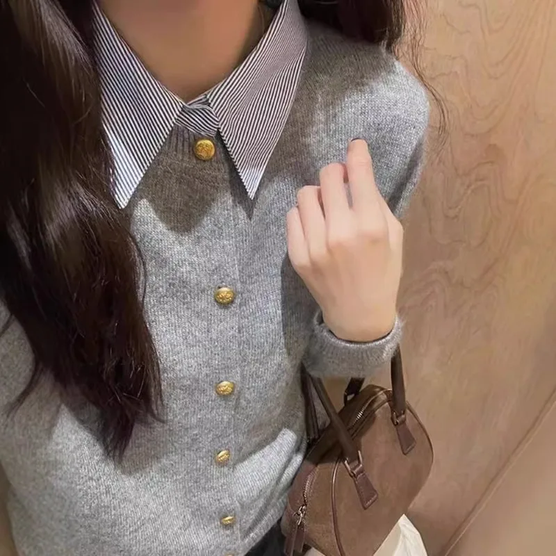 

Women'S Autumn Knitted Cardigan Spliced Striped Lapel Shirt Single Breasted Preppy Commuter Sweater Tops Vintage Office Lady