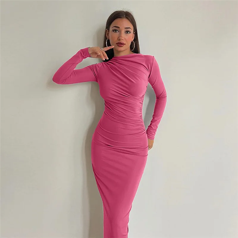 

SKMY Temperament Fashion Long Sleeve Dress Round Neck Slim Fit Solid Color Hip Wrap Skirt 2023 Autumn New Bottom Skirt