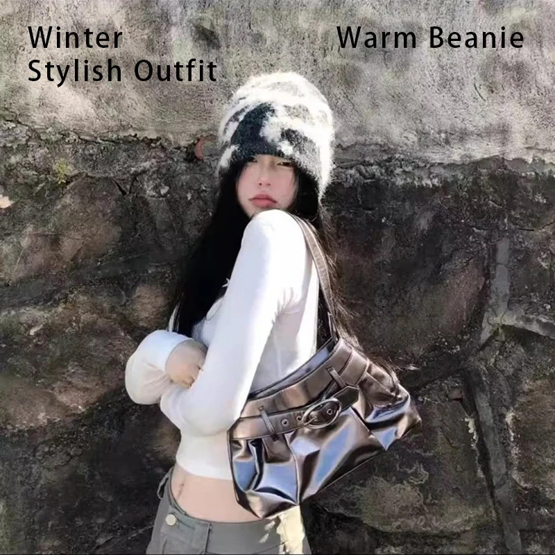 

Шапка с напуском и принтом, зимняя теплая модная женская вязаная шапка, винтажная кепка с напуском в уличном стиле, эффектная деталь для уличной одежды