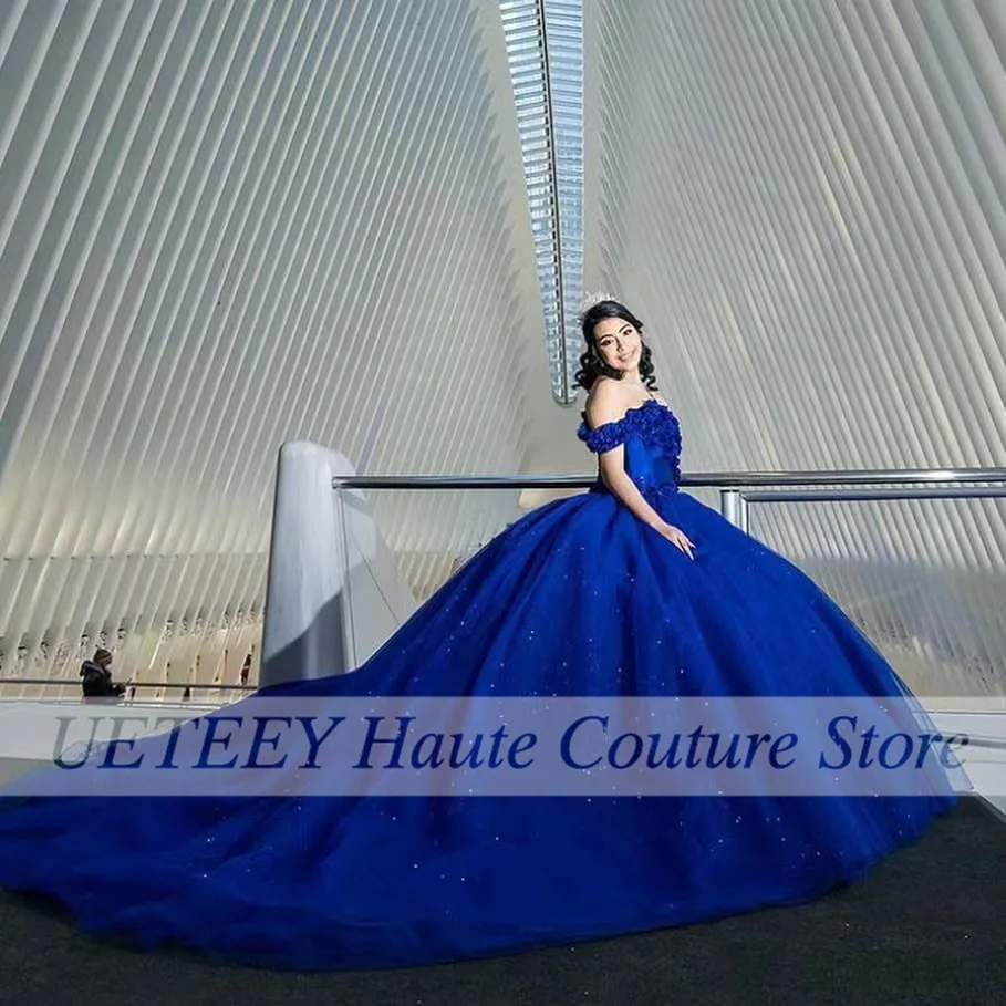 Sparkly Royal Blue Quinceanera Dress Elegant Off Schouder Sequin 3D Bloemen Graduation Party Puffy Baljurk Vestidos De 15 Años