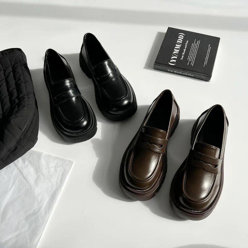 CINESSD Woman Leather Loafer Slip on Middle Chunky Heels Loafers Black Brown Women Shoe Platform Office Lady Pump Lolita Shoes