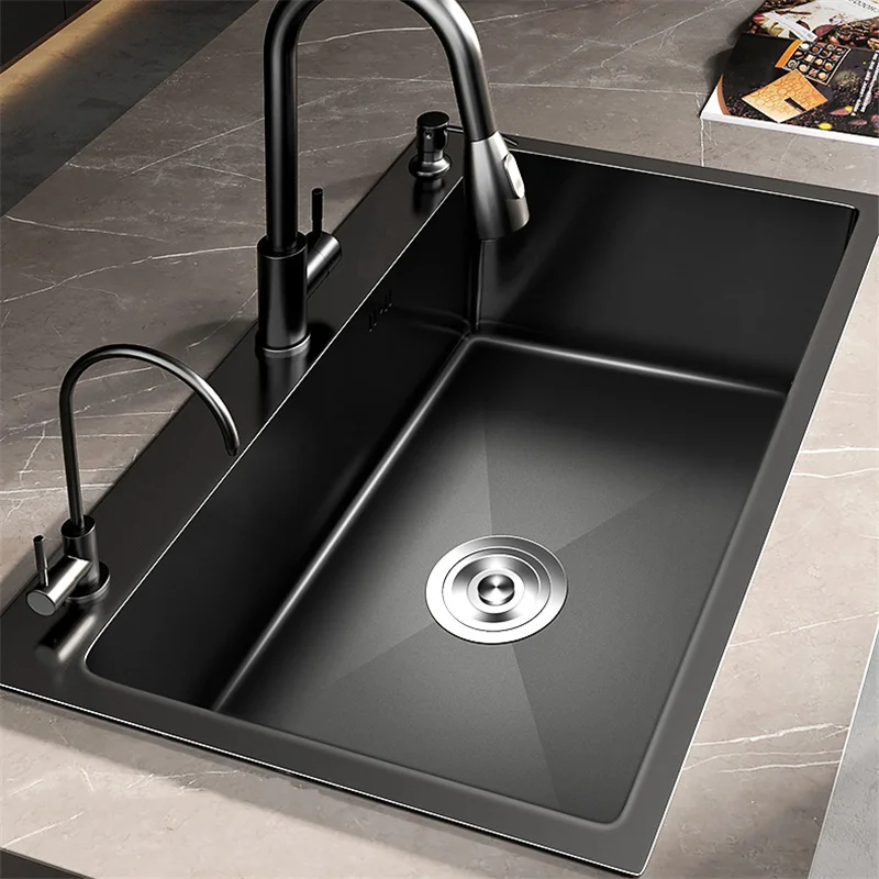 Black Nano Kitchen Sink 304 Stainless Steel Sink Thickened Handmade Kitchen Large Single-slot Under-counter Basin Bar Wash Basin