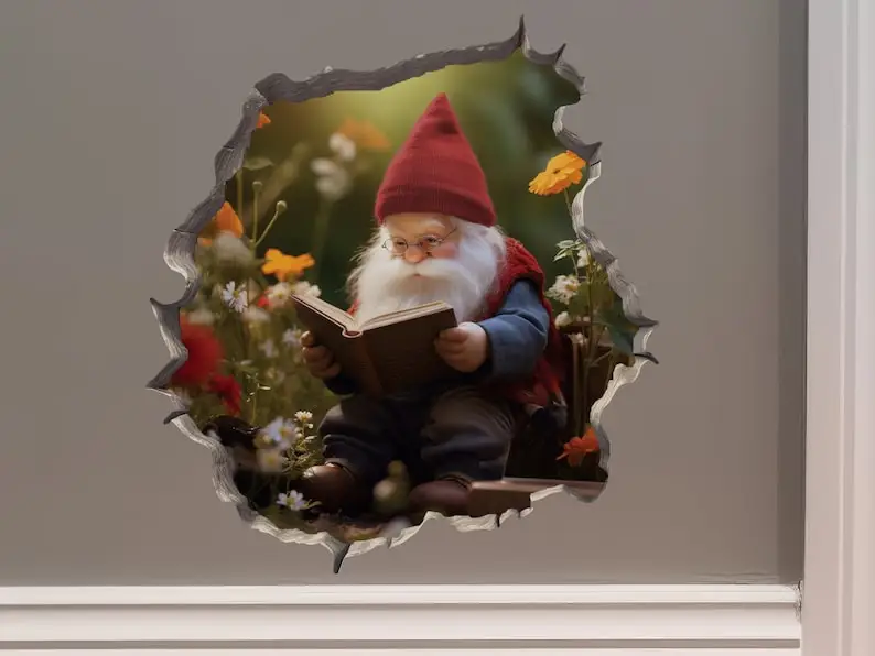 Reading Gnome in Wall Hole Decal - Mouse Hole 3D Wall Sticker