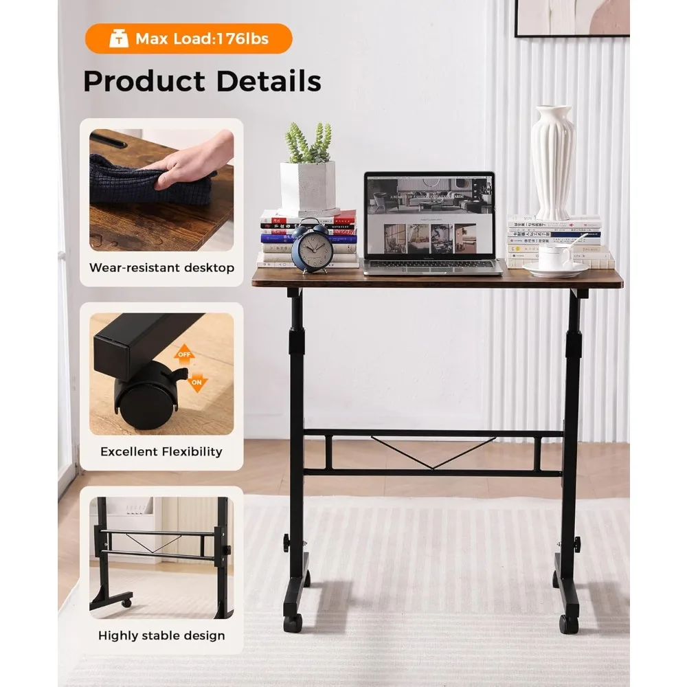 Adjustable Height Standing Desk with Wheels, Portable Mobile Laptop Table for Home Office, Sit Stand Ergonomic Workstation