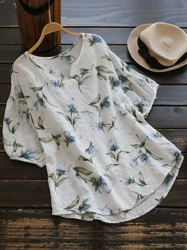 

ZANZEA Women Casual Loose Floral Print Blouses 2024 Summer Elegant Lantern Sleeve V Neck Blusas Fashion Leisure Everyday Tops