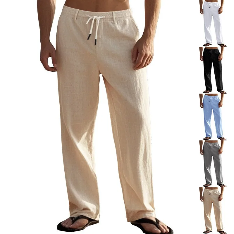 

Summer Linen Men's Casual Pants Simple Fashion Solid Color Drawstring Straight Loose Pants High Waist Elastic