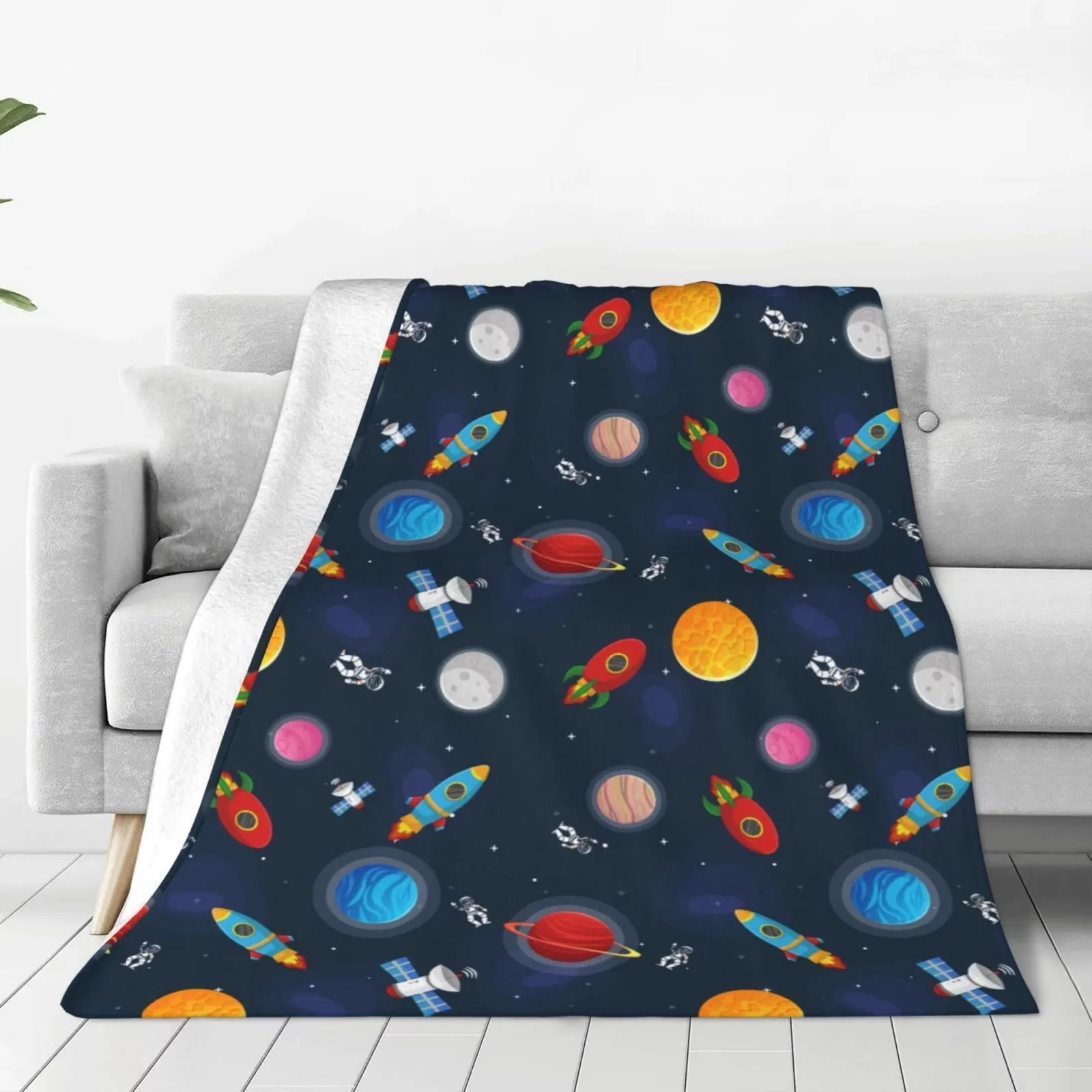 Cartoon Space Planets Rocket Fleece Throw Blanket Soft Plush Cozy Fluffy Outdoor Camping