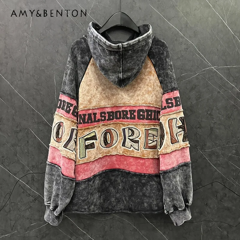 

Fashion New Letter Embroidery Hooded Color Block Sweatshirts Ladies Loose Casual Versatile High-end Top Autumn Kawaii Sudaderas