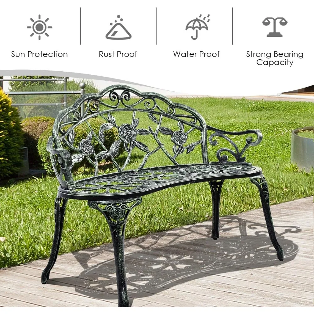 Outdoor Garden Bench Iron Patio Benches for Outdoors, Porch Bench Chair with Curved Legs Cast Aluminum Rose Antique Style