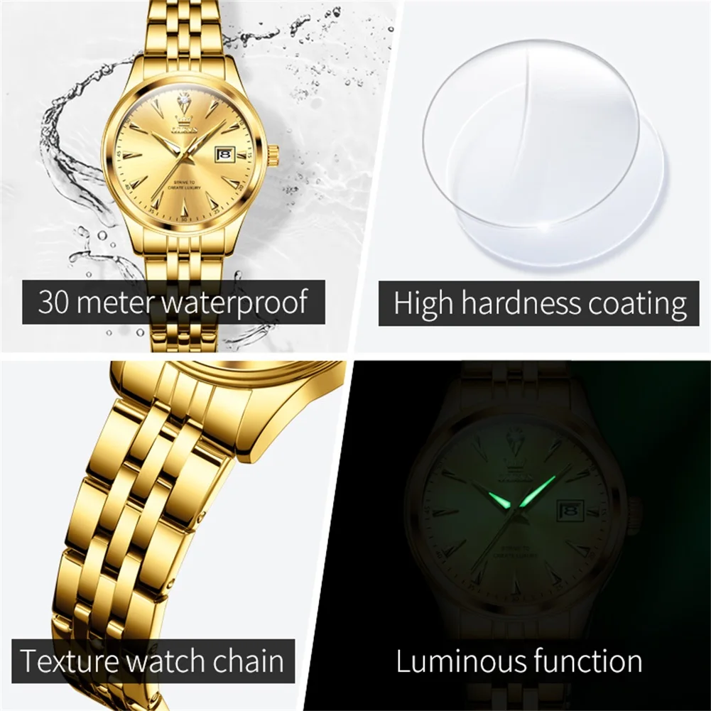 OLEVS Women's Watches Fashion Light Luxury Golden Stainless steel Quartz Watches Waterproof Luminous Date brand Ladies Watches