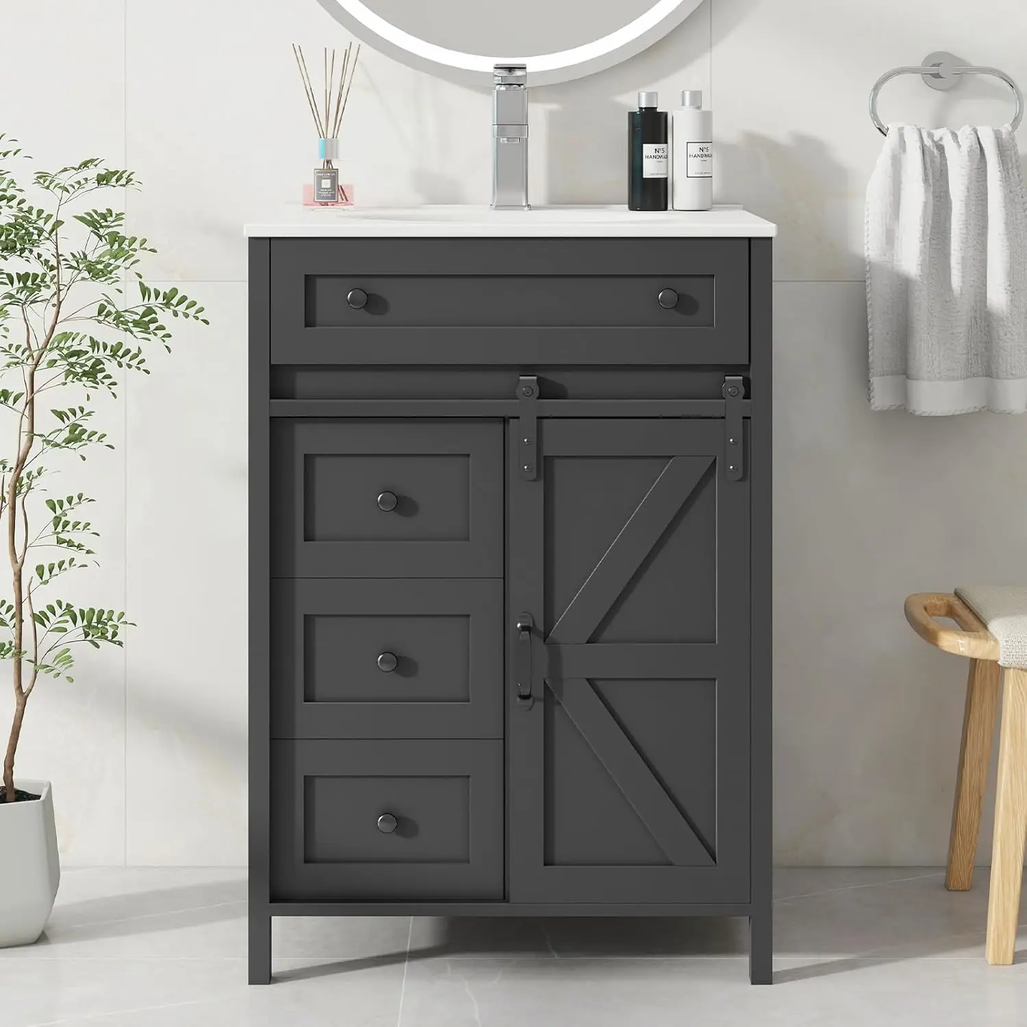 

Freestanding Bathroom Vanity Cabinet with Sink & Drawers Sliding Door Matte Faucet Grey Customized
