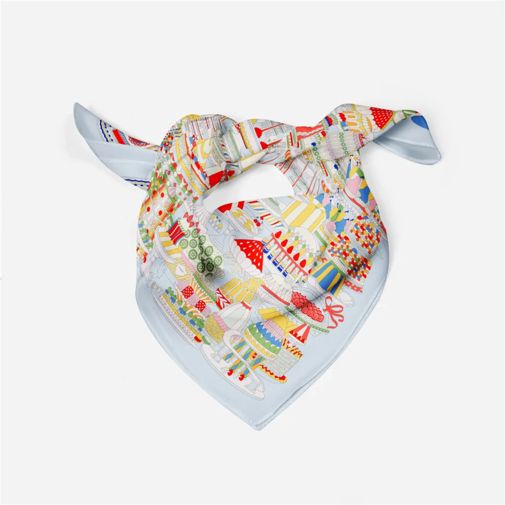 53cm New Design French Cake Print Silk Scarf 2024 Brand Square Scarf Woman Luxury Bandana Headband Hijab Foulard Neckerchief