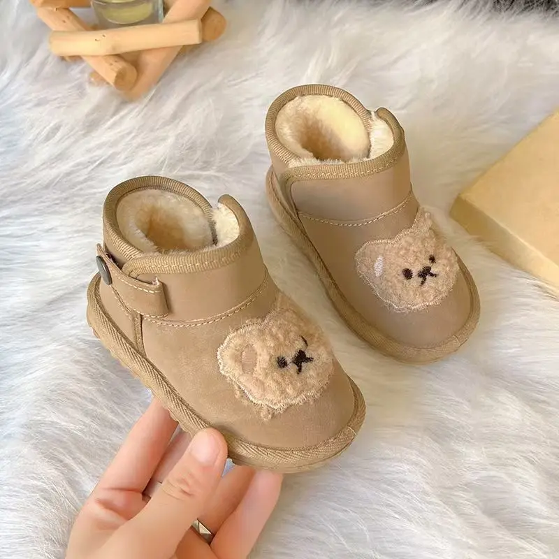 2026 Winter Kids Snow Boots Thick Fleece High Top Walking Shoes for Baby Girl Bear Korean Style Children's Footwear