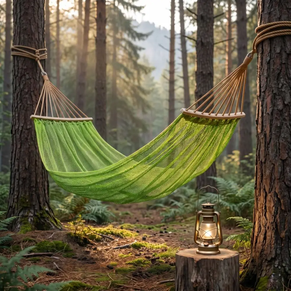 Ice Silk Mesh Outdoor Swing Hammock Good Load-bearing Curved Rod Camping Mesh Hammock Anti Rollover Portable Hanging Swing