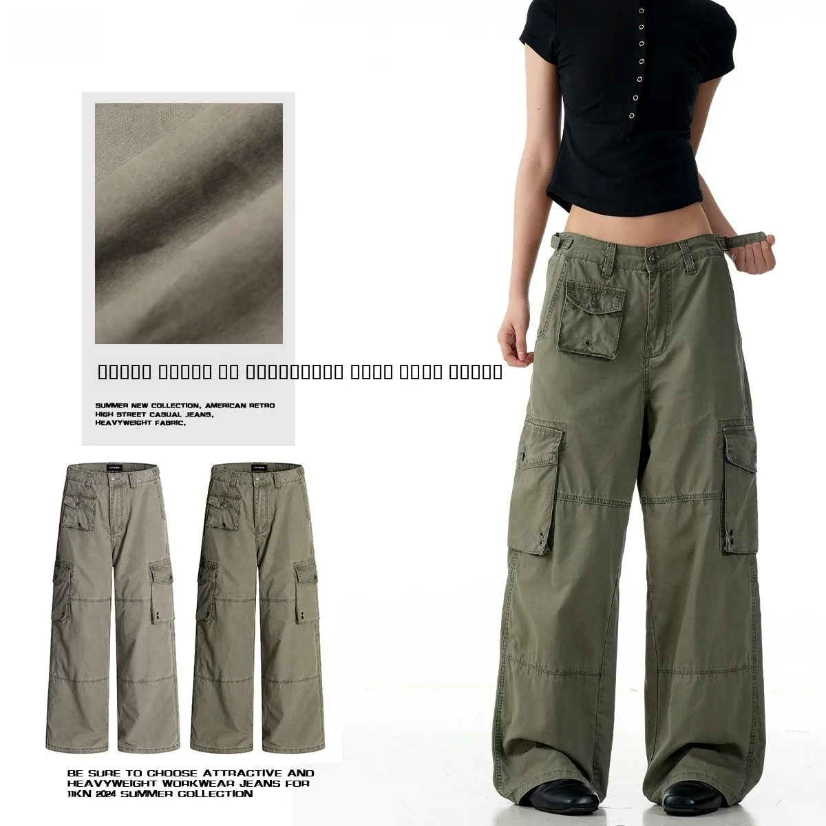 

American Retro A-Line Straight Leg Work Pants Unisex Pure Cotton Multi-Pocket Loose Fit Casual Long Pants for Men And Women