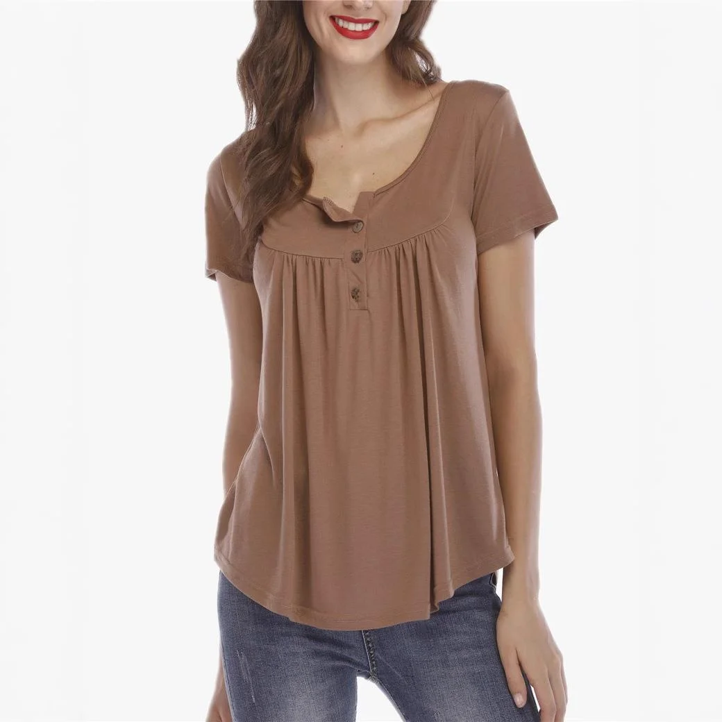 Women's T-irt with Pleated Buttons And ort Sves Loose Fit Polyester  Color Dstring Casual Top for Ladies