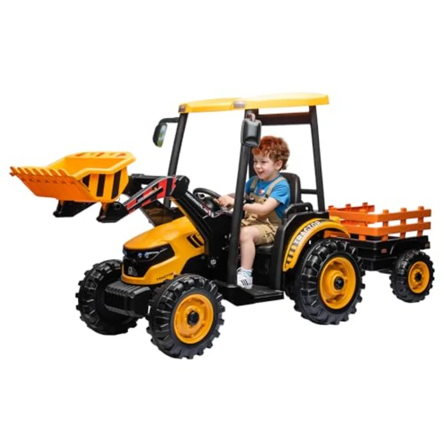 

24V Ride on Tractor for Kids with Trailer & Front Loader, 3-in-1 Electric Construction Vehicle, Dual Motors, All-Terrain Wheels, LED Lights, Outdoor Gift for Boys Girls Ages 3-8 (Yellow)