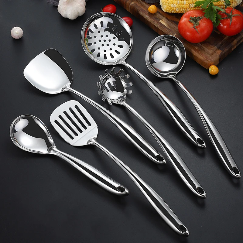 6Pcs Kitchen Utensils Set, 304 Stainless Steel Cooking Tools with Holder - Turner Soup Ladle Rice Spoon Strainer Pasta Server