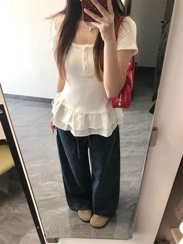 Koreańska Słodka Koronkowa Bluzka z Dekoltem U i Krótkim Rękawem Damska Letnia Elegancka Wyszukana Wyszczuplająca Koszulka Harajuku Podkoszulek Patchworkowe T-shirty