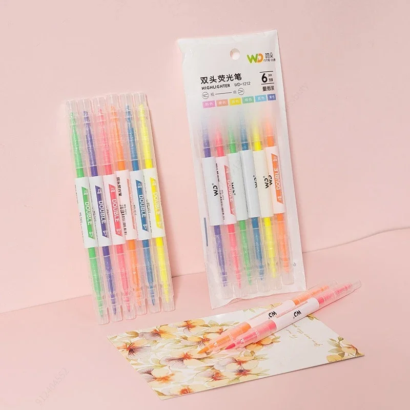 6 Colors/Set Double Head Unique Window Tip Pastel Color Highlighter Pen Marker Soft Color for School Marker Stationery Supplies