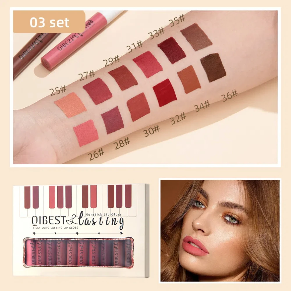 Liquid Velvet Matte Makeup Lipstick Set, batom vermelho fosco, duradouro à prova d'água, kit de cosméticos, nu, 12pcs, 1 conjunto