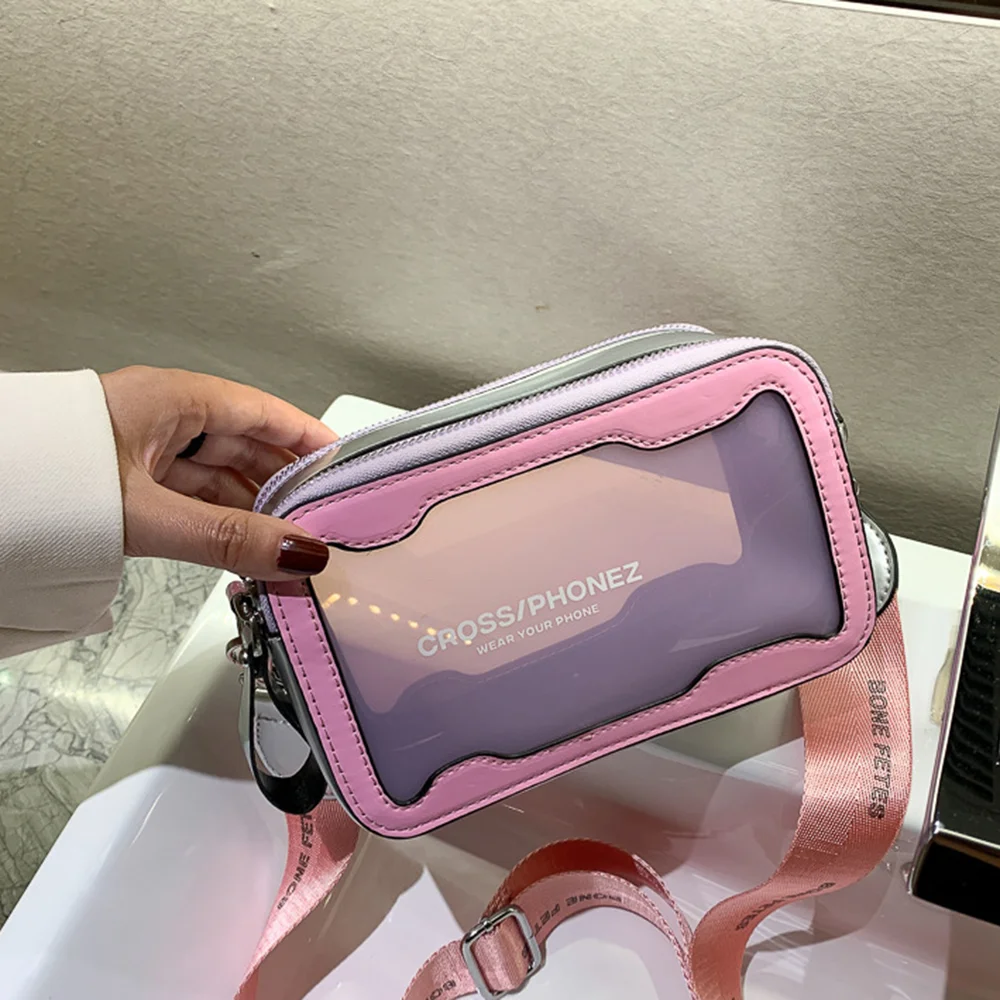 Summer Clear PVC Samll Square Transparent Crossbody Bag Contrasting Colors Women Wide Shoulder Strap Messenger Beach Jelly Bag