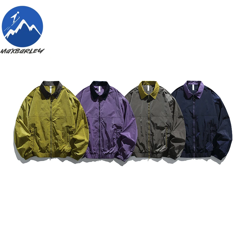 Maxbarley Jacket Urban Commute Outdoor Metal Nylon Triple Proof Jackets Men Autumn Lightweight Color Block Notch Collar Garment