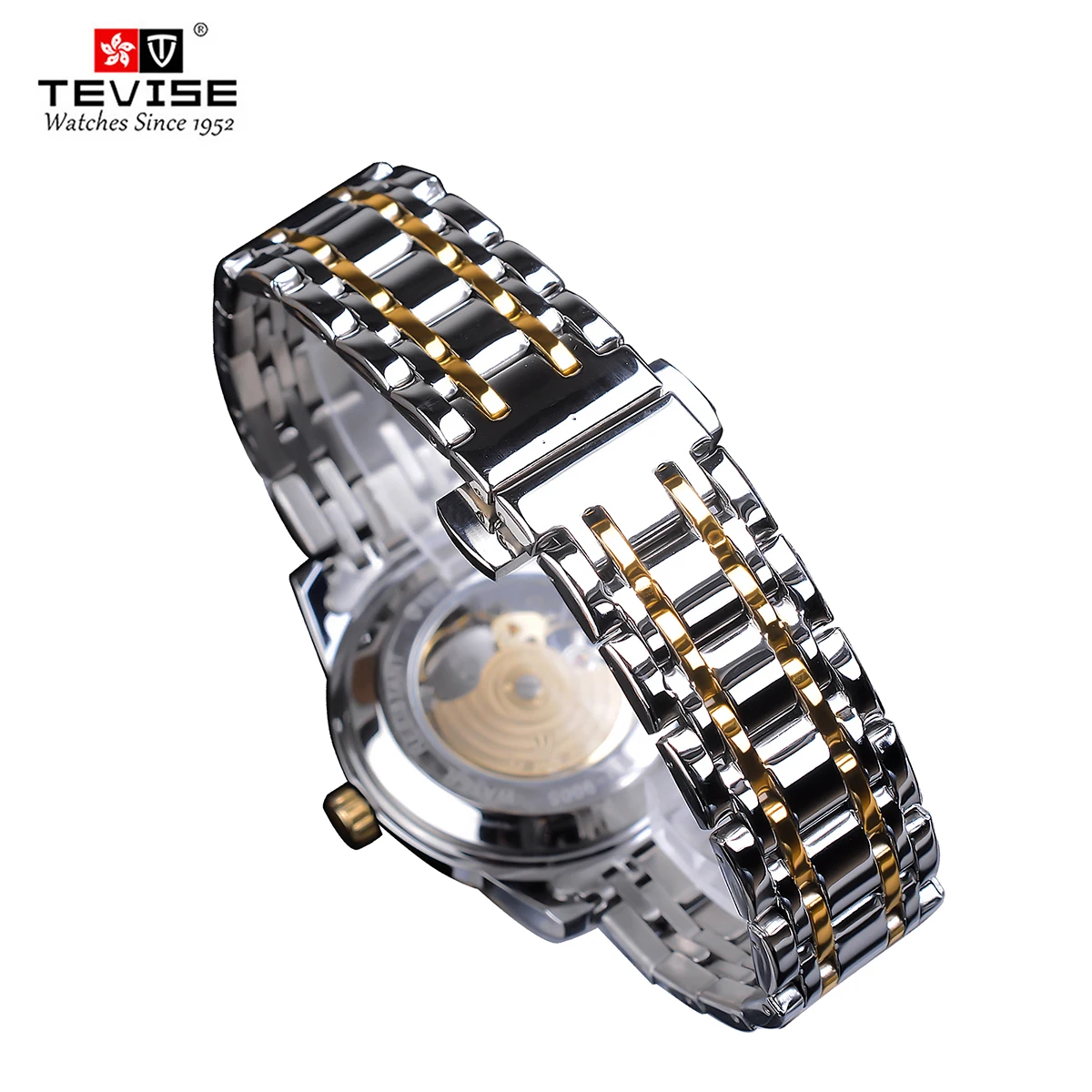 Fashion Tevise Retro Diamond Design Black Gold Mechanical Top Brand Automatic Full Steel Luxury Skeleton Waterproof Wrist Watch